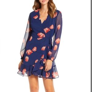 All In Favor Brittany Wrap Blue Red Floral Chiffon Long Sleeve Minidress, size M